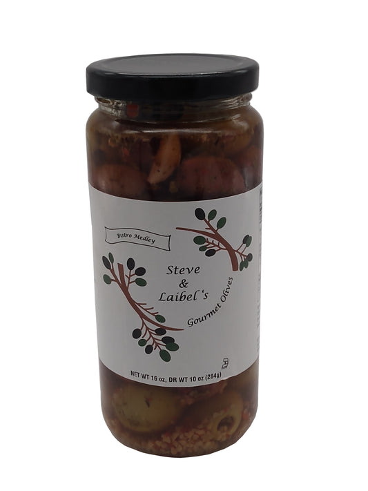 Steve & Laibel's Gourmet Olives (Bistro Medley) - 16 ounce jar of our special blend of green olives, Kalamata olives, garlic and red pepper