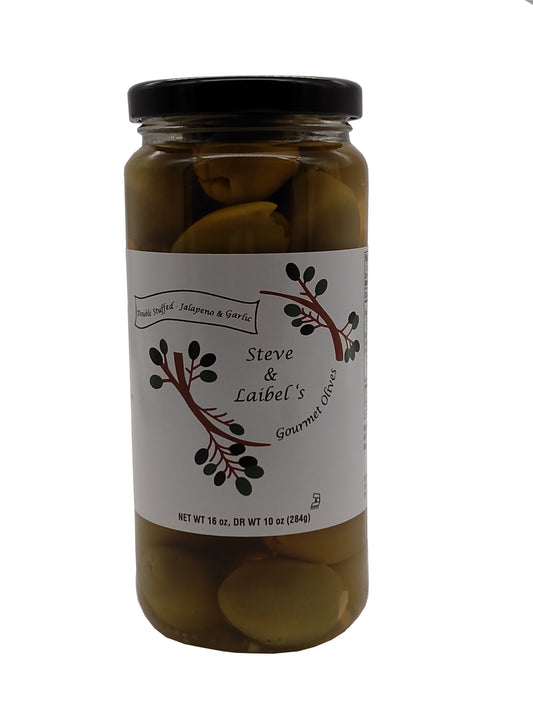 Steve & Laibel's Gourmet Olives (Garlic Jalapeno Double Stuffed) - 16 ounce jar. Large green olives generously stuffed with jalapeno pepper and a garlic clove.