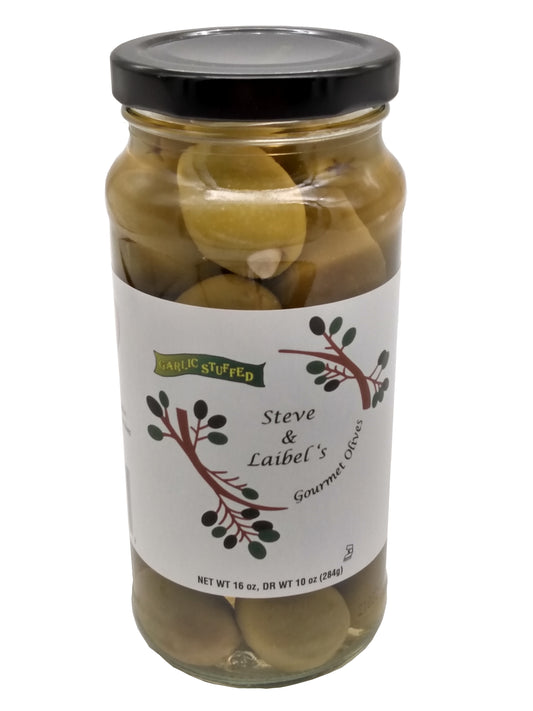 Steve & Laibel's Gourmet Olives (Garlic Stuffed) - 16 ounce jar. Large green olives generously stuffed with a garlic clove.