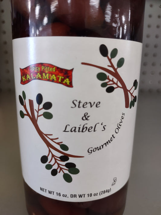 Steve & Laibel's Gourmet Olives (Spicy Pitted Kalamata Olives) - 16 ounce jar of our special blend of pitted Kalamata olives and spicy peppers