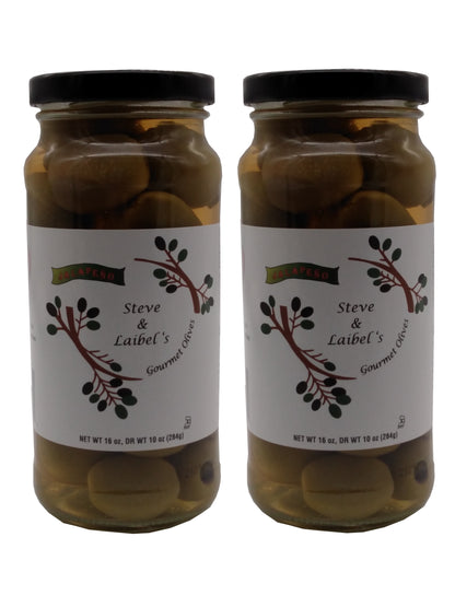 Steve & Laibel's Gourmet Olives (Jalapeno  Stuffed) - 16 ounce jar. Large green olives generously stuffed with jalapeno pepper.