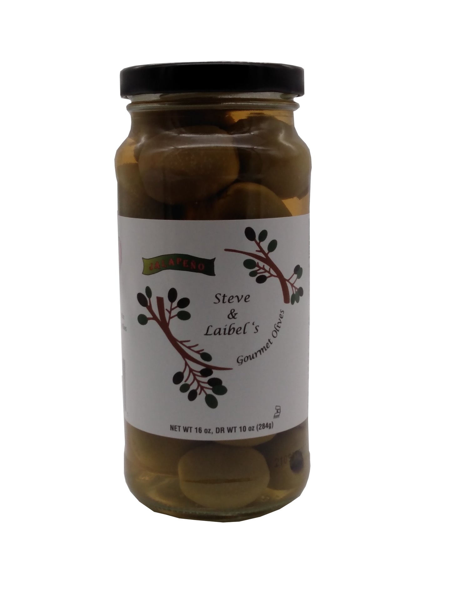 Steve & Laibel's Gourmet Olives (Jalapeno  Stuffed) - 16 ounce jar. Large green olives generously stuffed with jalapeno pepper.