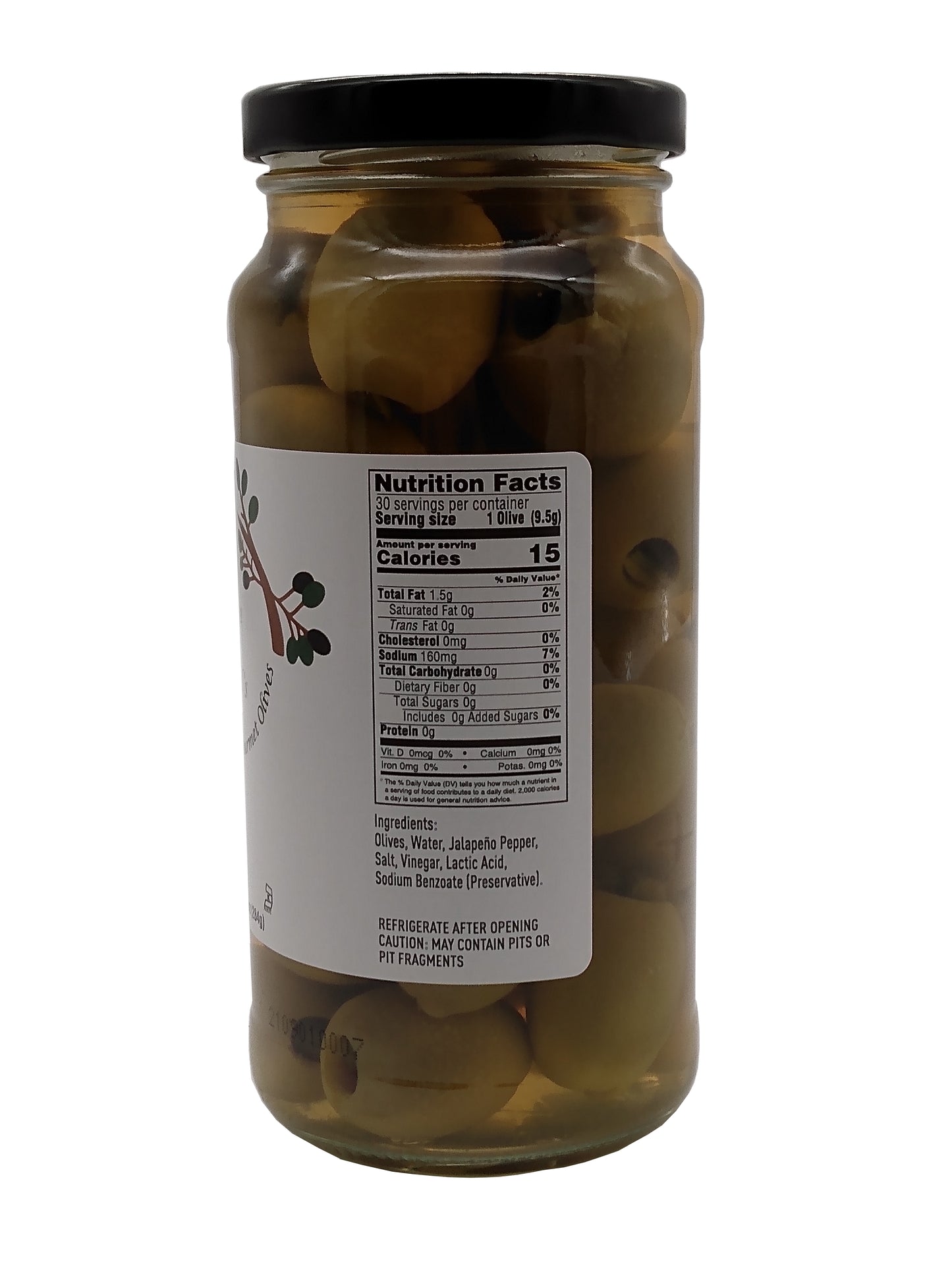 Steve & Laibel's Gourmet Olives (Jalapeno  Stuffed) - 16 ounce jar. Large green olives generously stuffed with jalapeno pepper.