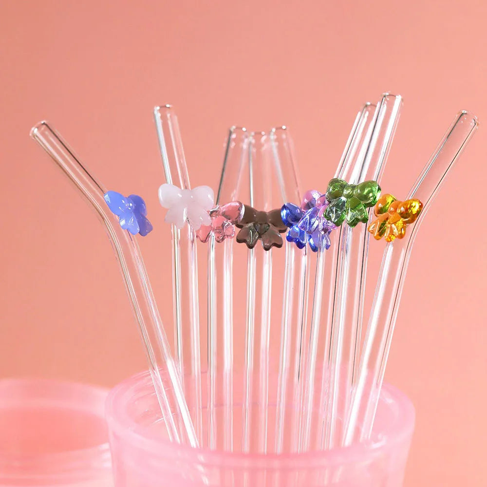 Glass Cute Straws Reusable Butterfly Bow Colorful Transparent Cleaning Brushes Dishwasher Juices Smoothies With Bar Accessories