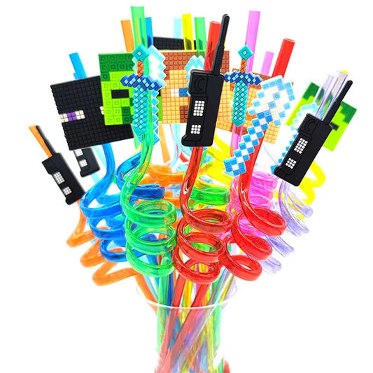 8pcs 26cm My World Pixel Straw Reusable Miner Plastic Spiral Drinking Straws Kids Birthday Party Decorations Juice Straws