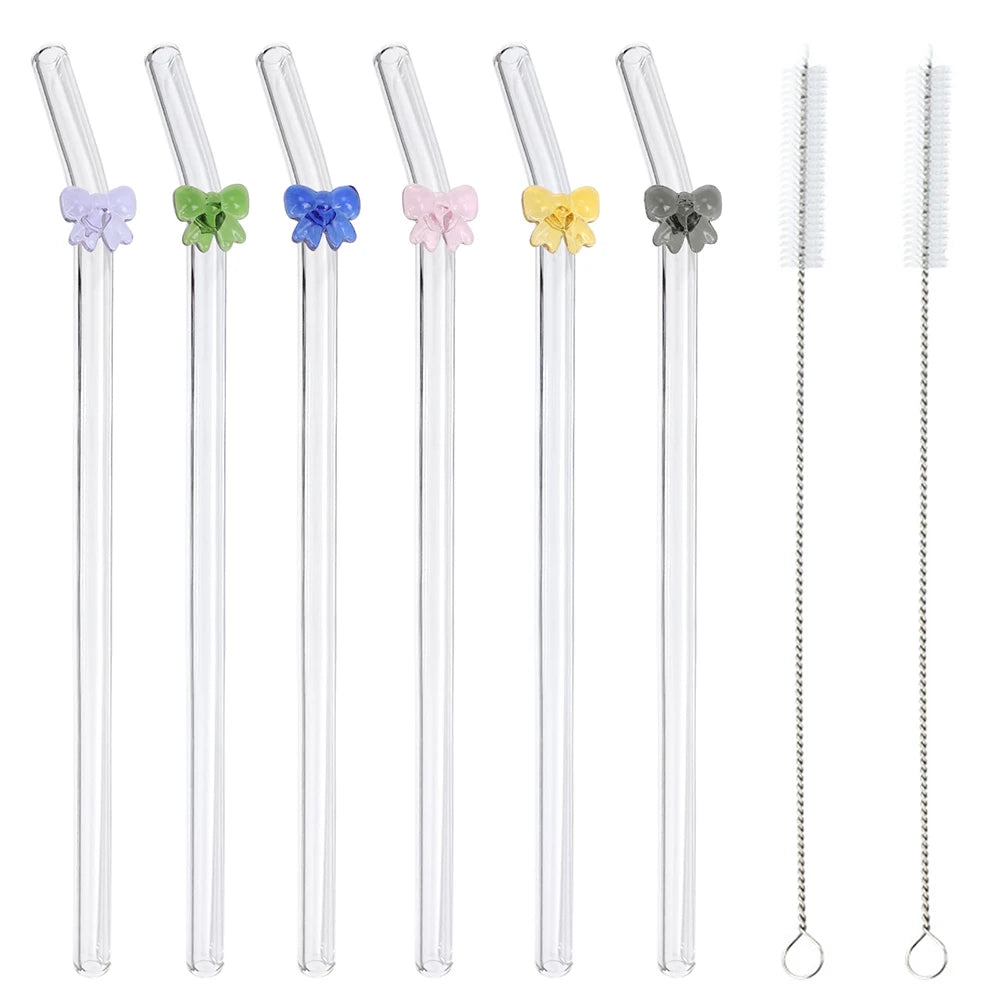 Glass Cute Straws Reusable Butterfly Bow Colorful Transparent Cleaning Brushes Dishwasher Juices Smoothies With Bar Accessories