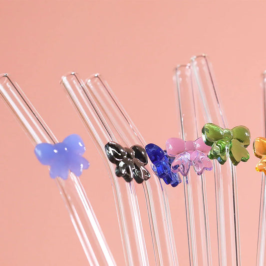 Glass Cute Straws Reusable Butterfly Bow Colorful Transparent Cleaning Brushes Dishwasher Juices Smoothies With Bar Accessories