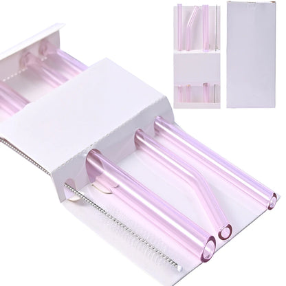 Pink Reusable Glass Straw Set 12mmWide, 8mmWide, Suitable For Juice, Solid Drinks, Milkshakes, Plus Complimentary Cleaning brush