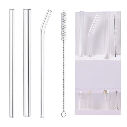 Pink Reusable Glass Straw Set 12mmWide, 8mmWide, Suitable For Juice, Solid Drinks, Milkshakes, Plus Complimentary Cleaning brush