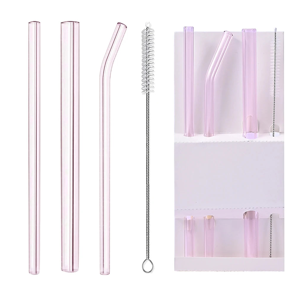 Pink Reusable Glass Straw Set 12mmWide, 8mmWide, Suitable For Juice, Solid Drinks, Milkshakes, Plus Complimentary Cleaning brush