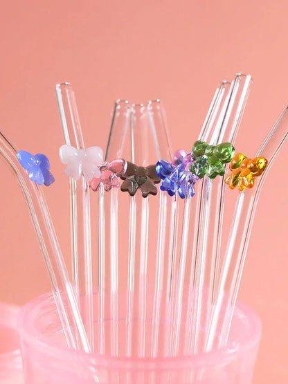 Glass Cute Straws Reusable Butterfly Bow Colorful Transparent Cleaning Brushes Dishwasher Juices Smoothies With Bar Accessories