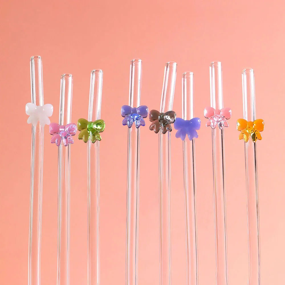 Glass Cute Straws Reusable Butterfly Bow Colorful Transparent Cleaning Brushes Dishwasher Juices Smoothies With Bar Accessories