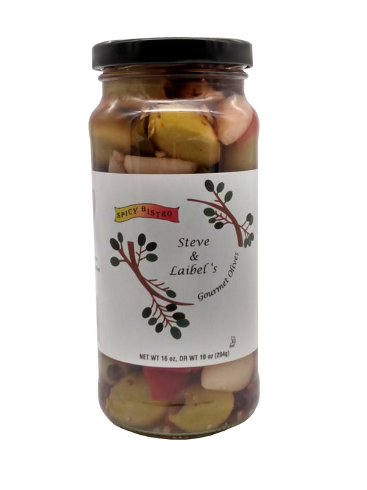 Steve & Laibel's Gourmet Olives (Spicy Bistro Medley) - 16 ounce jar of our special blend of green olives, Kalamata olives, garlic and spicy pepper